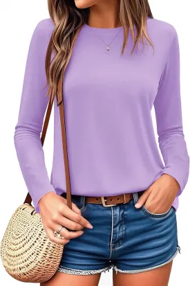 YUCOLEN Women's Cotton Long Sleeve Shirts Crewneck Cotton Basic T-Shirt Solid Color Soft Comfy Casual Tops Tees for Women