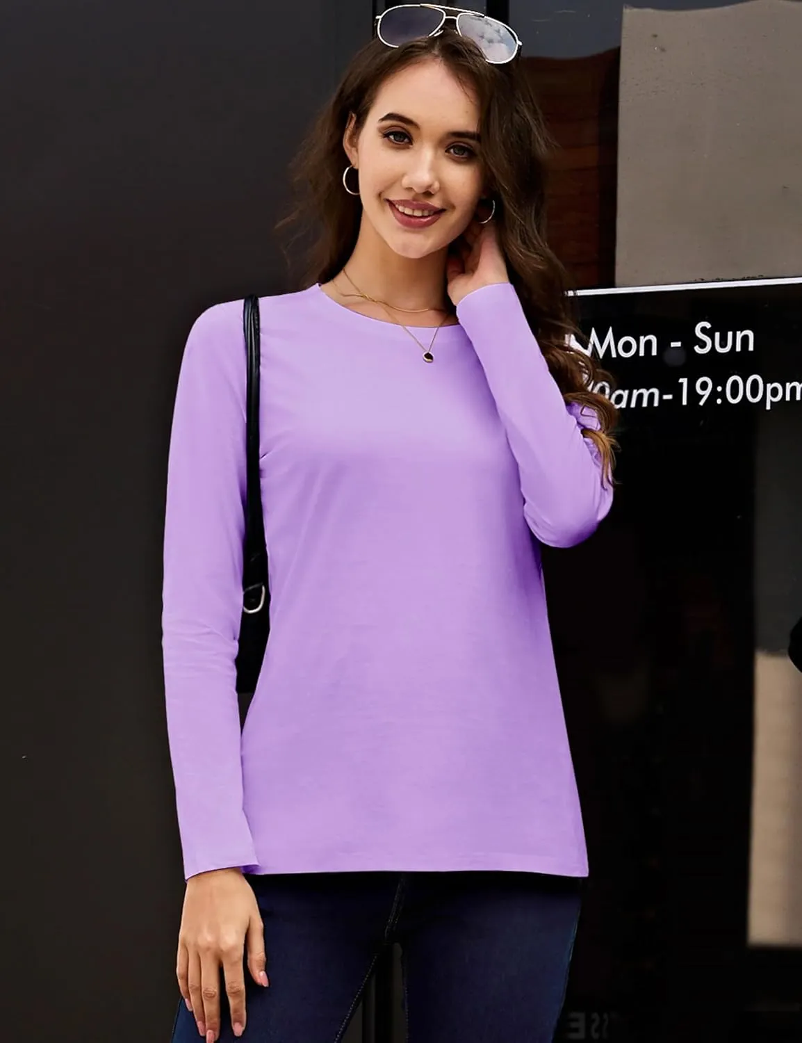 YUCOLEN Women's Cotton Long Sleeve Shirts Crewneck Cotton Basic T-Shirt Solid Color Soft Comfy Casual Tops Tees for Women