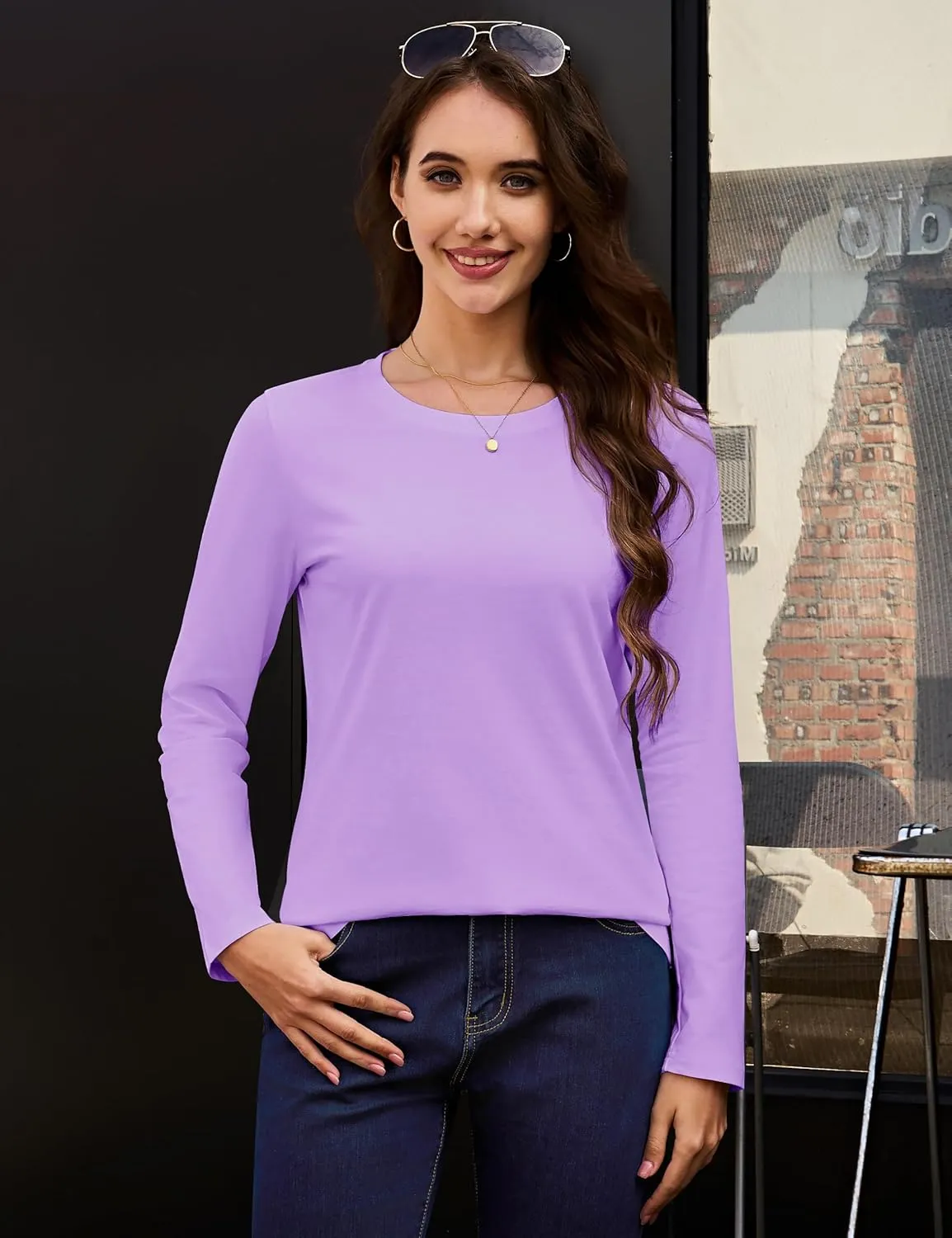 YUCOLEN Women's Cotton Long Sleeve Shirts Crewneck Cotton Basic T-Shirt Solid Color Soft Comfy Casual Tops Tees for Women