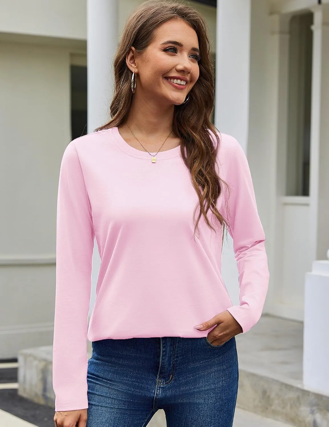 YUCOLEN Women's Cotton Long Sleeve Shirts Crewneck Cotton Basic T-Shirt Solid Color Soft Comfy Casual Tops Tees for Women
