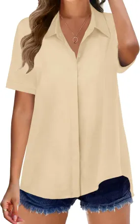 Zeagoo Womens Button Down Shirts Rolled Cuffed Short Sleeve Shirt Cute Collared Summer Casual Work Blouse