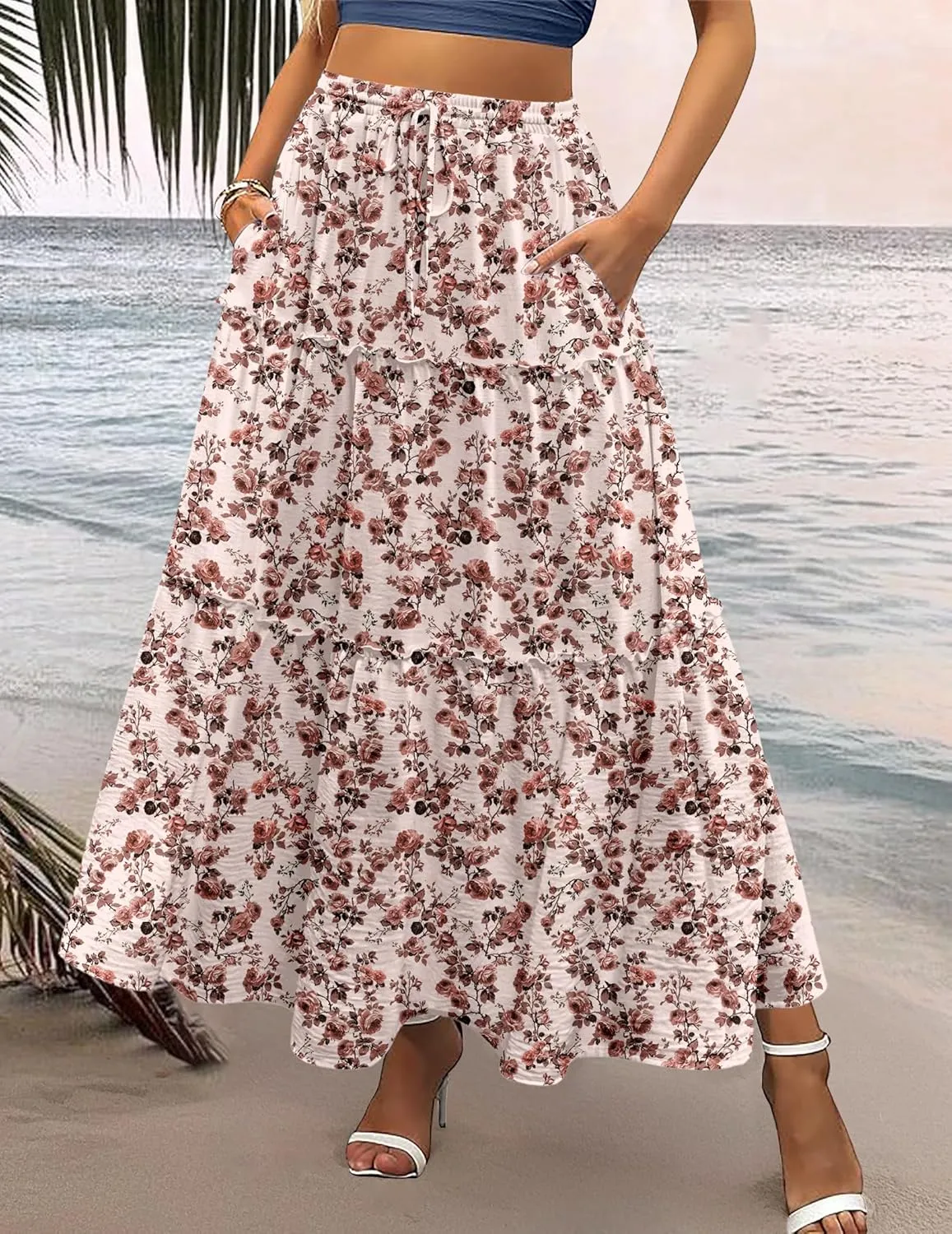 Zeagoo Womens Casual Maxi Skirts for Women 2025 High Waist Boho Skirts Floral Printed Long Flowy Skirt with Pockets
