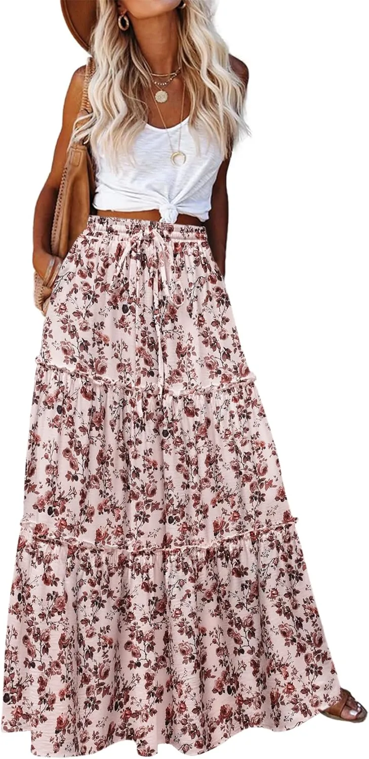 Zeagoo Womens Casual Maxi Skirts for Women 2025 High Waist Boho Skirts Floral Printed Long Flowy Skirt with Pockets