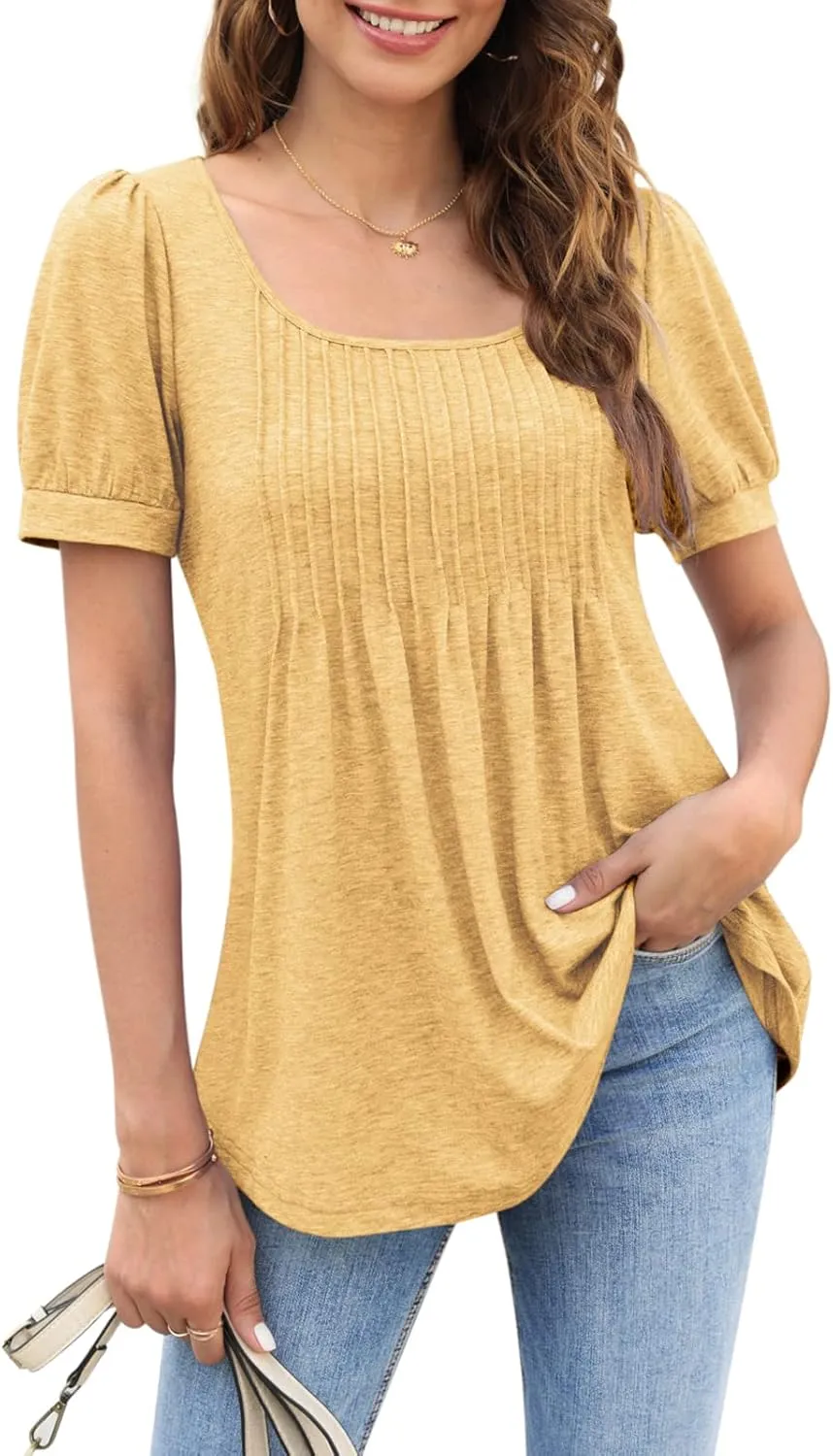 Zwurew Women's Summer Casual Puff Short Sleeve T-Shirts Square Neck Pleated Flowy Trendy Tunic Tops for Leggings S-2XL