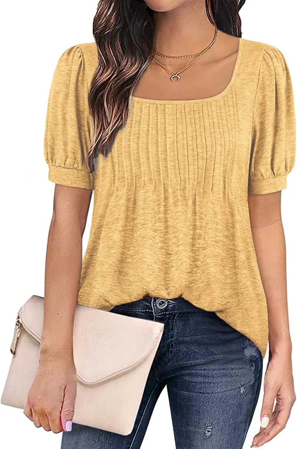 Zwurew Women's Summer Casual Puff Short Sleeve T-Shirts Square Neck Pleated Flowy Trendy Tunic Tops for Leggings S-2XL