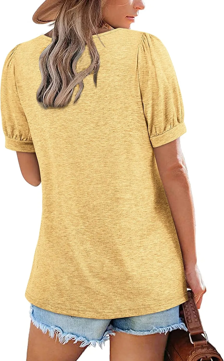 Zwurew Women's Summer Casual Puff Short Sleeve T-Shirts Square Neck Pleated Flowy Trendy Tunic Tops for Leggings S-2XL